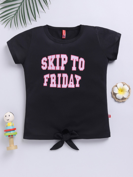 Girls Typography Printed Waist Tie-Up Top