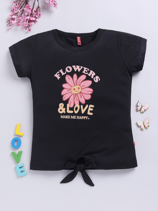 Girls Typography Printed Waist Tie-Up Top