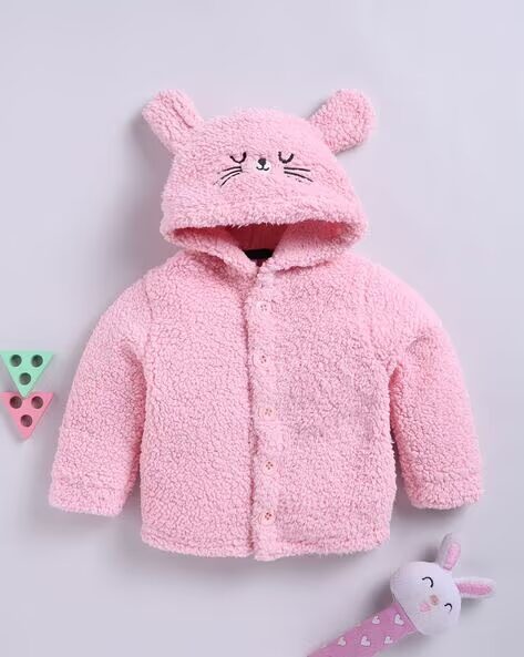 Mom’s Love 3D Kitty Solid Sherpa Hooded Jacket for Infant Girls(Pink,Pack of 1)