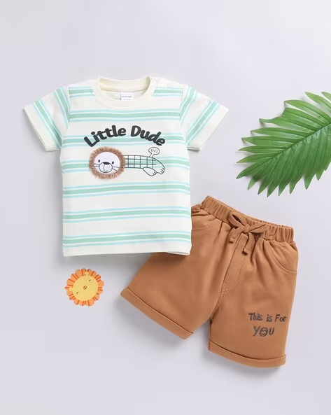 Mom’s Love Striped Cotton Clothing Set For Infant Boys (Butter, Pack Of 1)