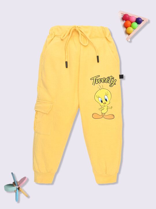 Minute Mirth Girls Tweety Printed Relaxed Fit Cotton Cargo Jogger