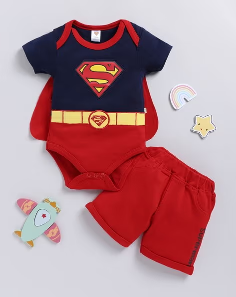 Mom’s Love Superman Printed Pure Cotton Bodysuit with Shorts For Infant Boys (Navy, Pack Of 1)