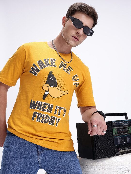 Looney Tunes Printed Pure Cotton Mustard Yellow T-shirt for Men