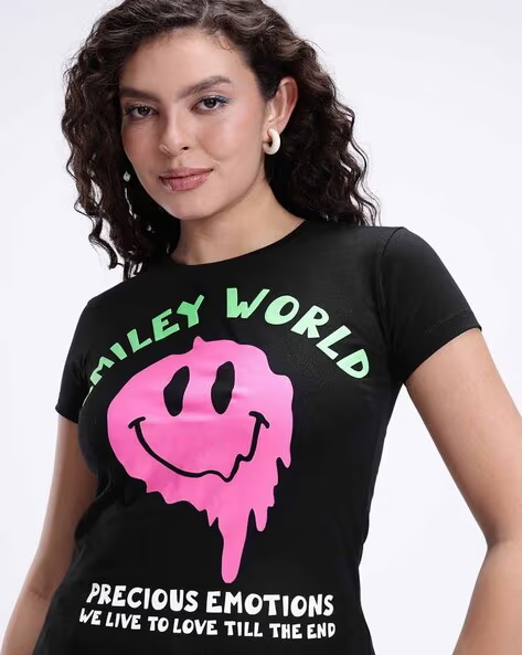 WOMEN SMILEY WORLD GRAPHIC PRINT REGULAR FIT TOP