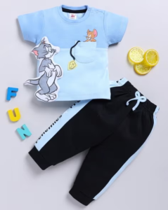 Mom’s Love Tom and Jerry Printed Pure Cotton T-Shirt With Trousers For Boys (M.Blue, Pack Of 1)