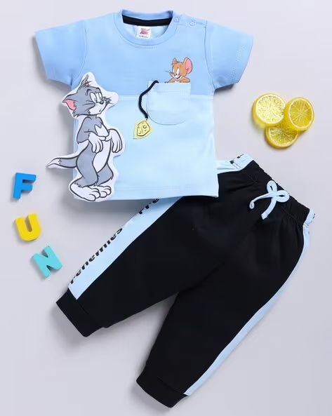 Mom’s Love Tom and Jerry Printed Pure Cotton T-Shirt With Trousers For Boys (M.Blue, Pack Of 1)