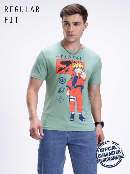Minute Mirth Men Naruto Graphic Printed Regular Fit Cotton T-Shirt (Green, Pack of 1)