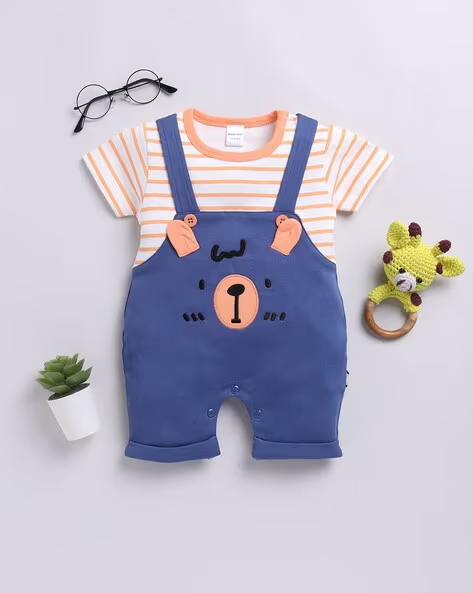 Mom’s Love Striped Pure Cotton Romper for Infant Boys (Af.Blue, Pack of 1)