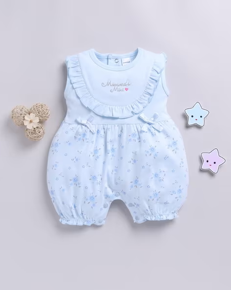 Mom’s Love Floral Printed Pure Cotton Romper for Infant Girls(P.Blue,Pack of 1)