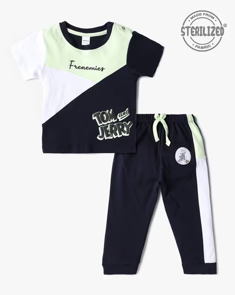 Mom’s Love Tom and Jerry Colourblock Pure Cotton Co-Ord Set For Infants Boys (Mint, Pack Of 1)