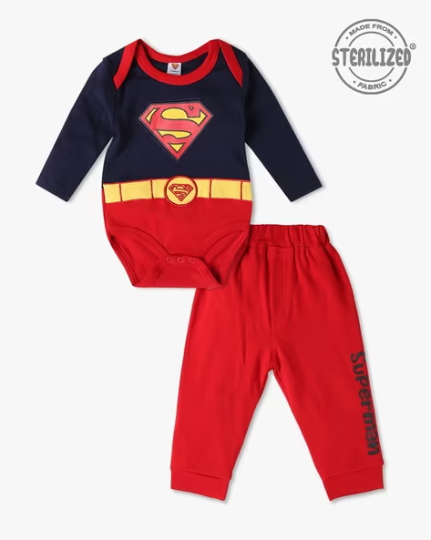 Mom’s Love Superman Printed Pure Cotton Bodysuit with pants For Infant Boys (Navy, Pack Of 1)