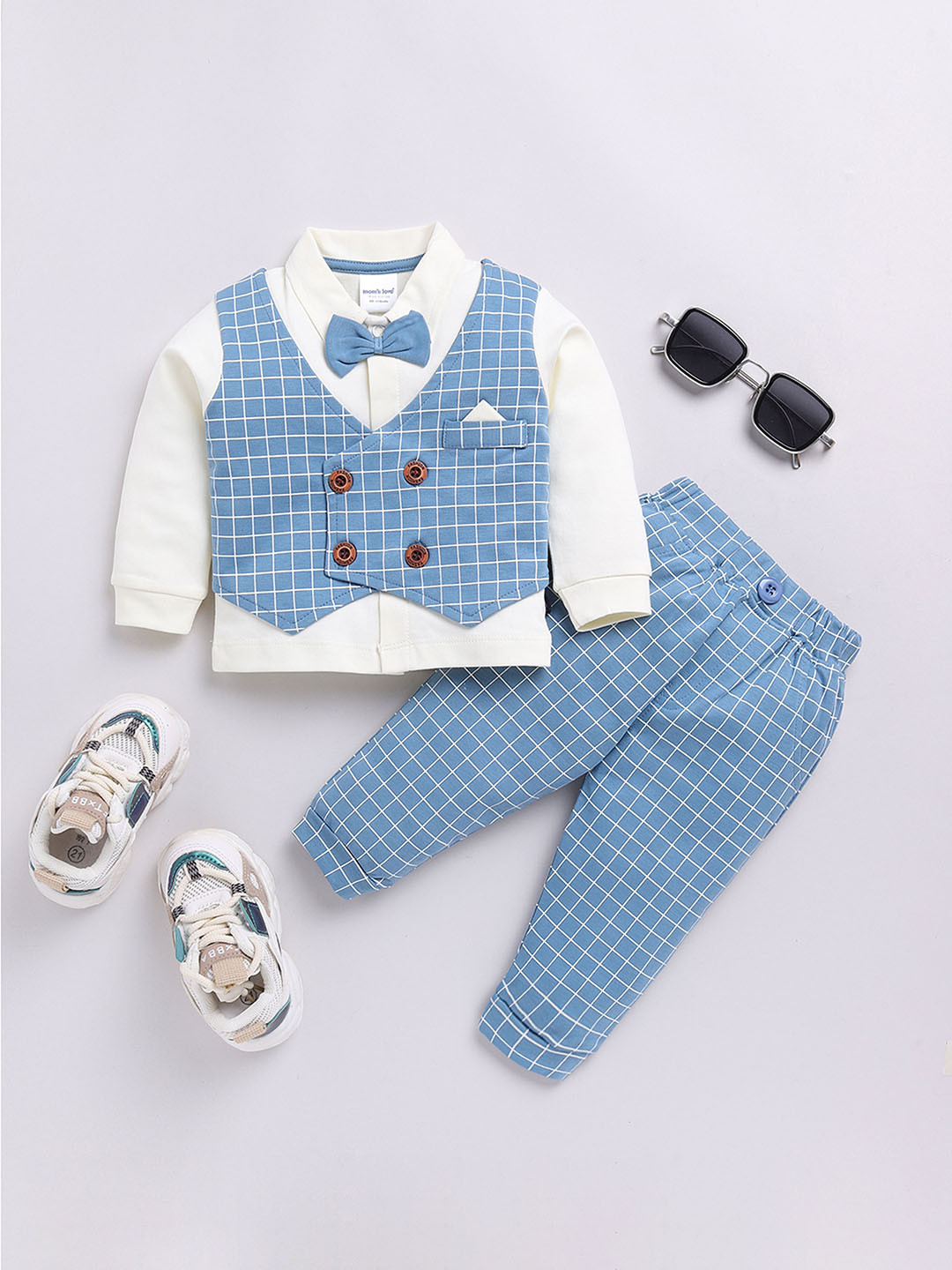 Moms’ Love Checkered Pure Cotton Clothing Set For Infant Boys (Blue, Pack Of 1)