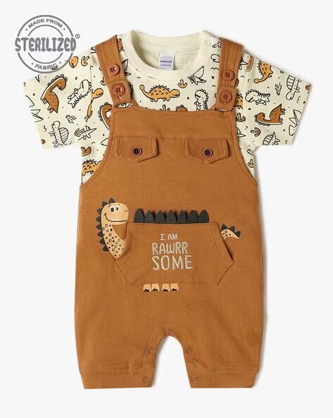 Mom’s Love Printed Pure Cotton Dungaree For Infant Boys (Brown, Pack Of 1)