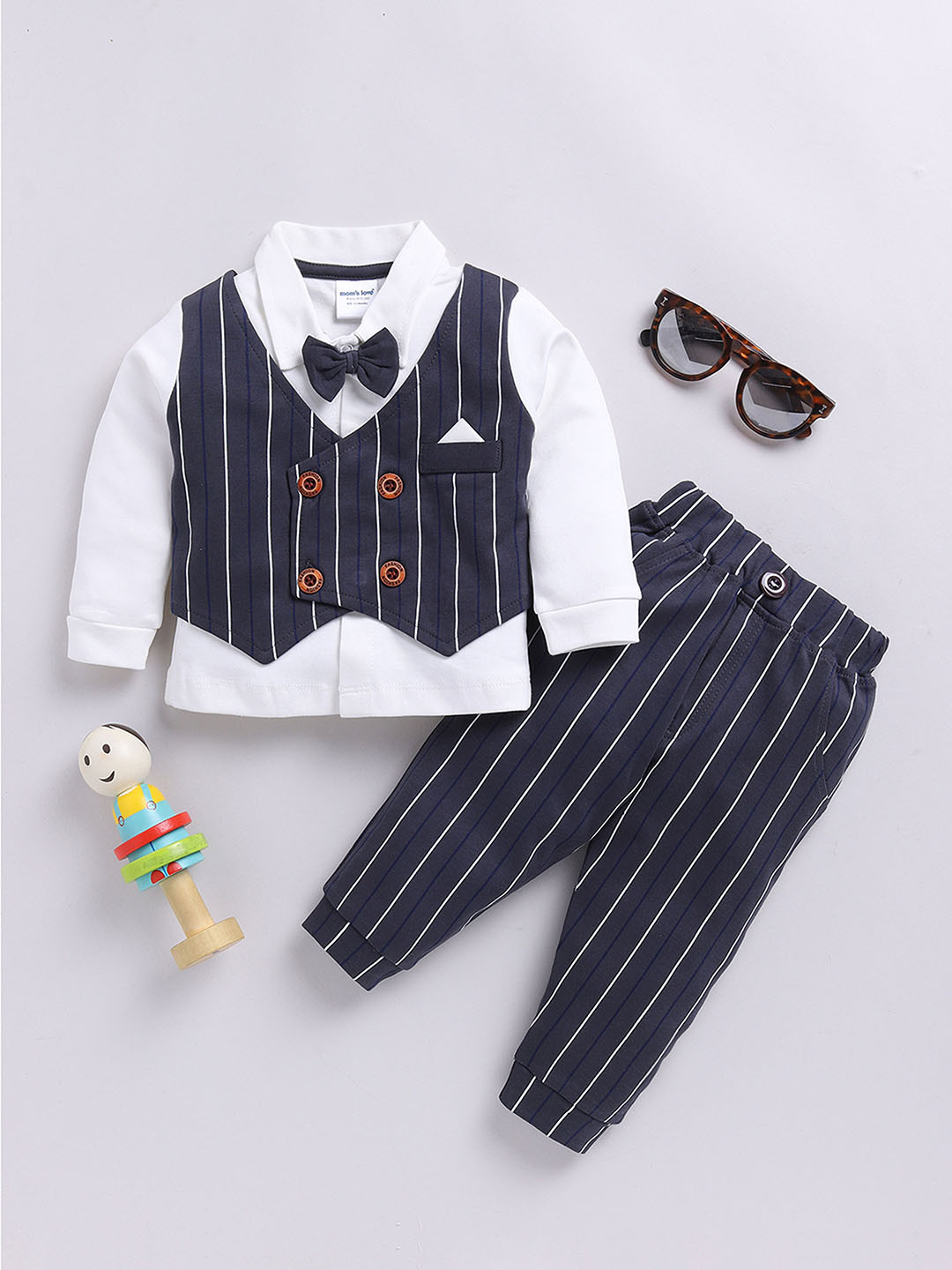 Moms’ Love Striped Pure Cotton Clothing Set For Infant Boys (Charcoal, Pack Of 1)