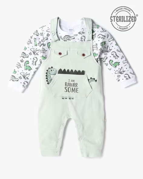 Mom’s Love Abstract Printed Pure Cotton Dungaree For Infant Boys (Green, Pack Of 1)