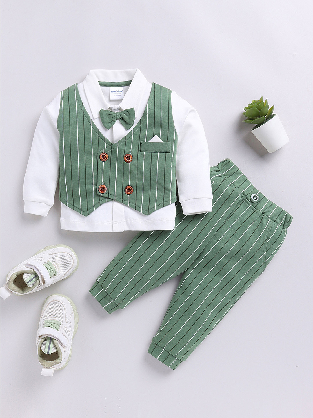 Moms’ Love Striped Pure Cotton Clothing Set For Infant Boys (Olive, Pack Of 1)