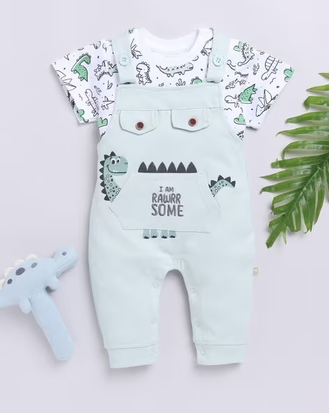 Mom’s Love Printed Pure Cotton Dungaree For Infant Boys (Green, Pack Of 1)