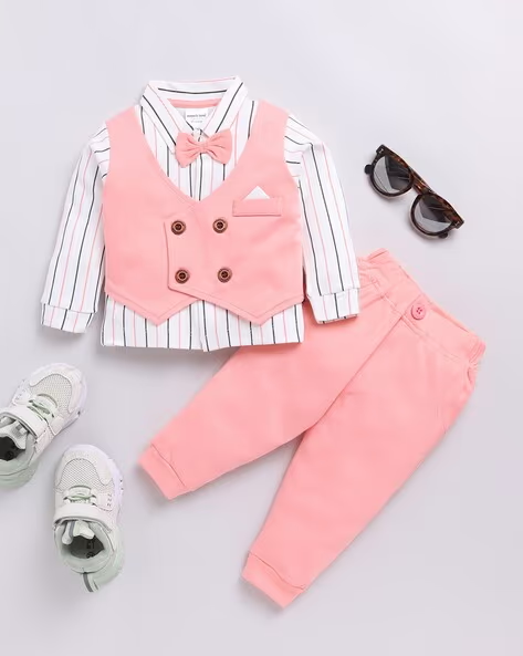Moms’ Love Striped Pure Cotton Clothing Set For Infant Boys (Peach, Pack Of 1)