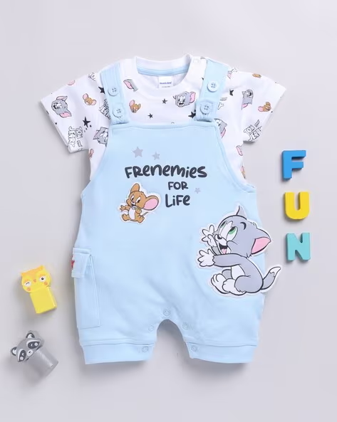 Mom’s Love Tom and Jerry Pure Cotton Dungaree For Infant Boys (Blue, Pack Of 1)