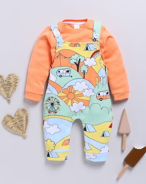 Mom’s Love Graphic Printed Pure Cotton Dungaree For Infant Boys (Orange, Pack Of 1)