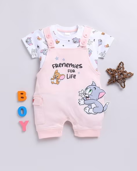 Mom’s Love Tom and Jerry Pure Cotton Dungaree For Infant Boys (Peach, Pack Of 1)