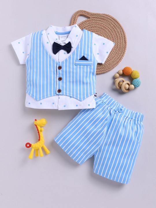 Mom’s Love Striped Pure Cotton Clothing Set  For Infant Boys (Blue,Pack Of 1)