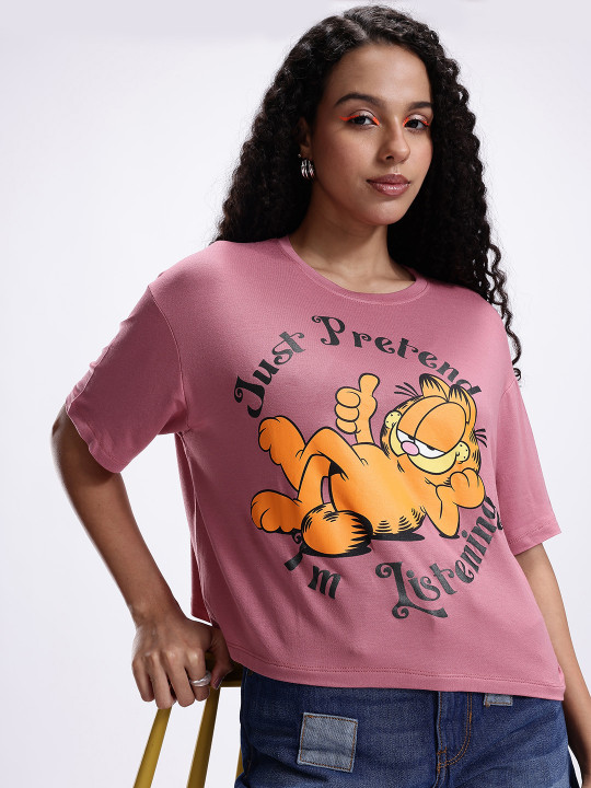 Garfield Printed Drop-Shoulder Sleeves Boxy Crop T-shirt for Women