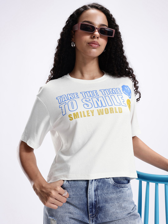 Boxy Fit Smiley World Typography Printed Crop T-shirt for Women