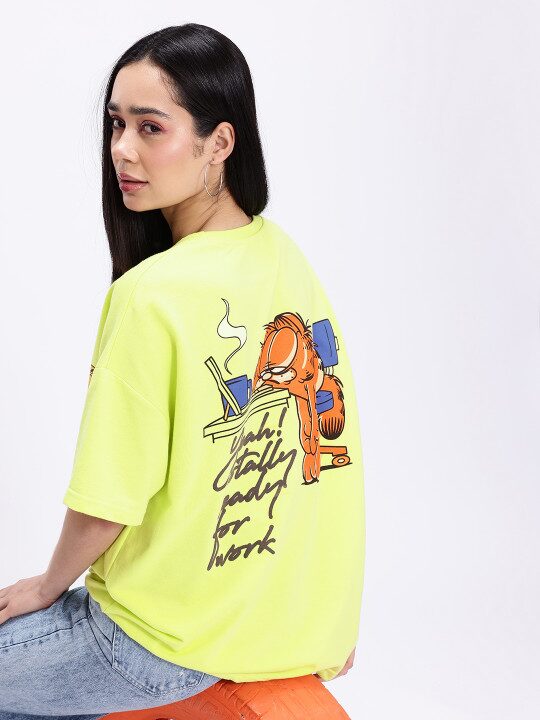Women Garfield Printed Drop-Shoulder Sleeves Oversized T-shirt