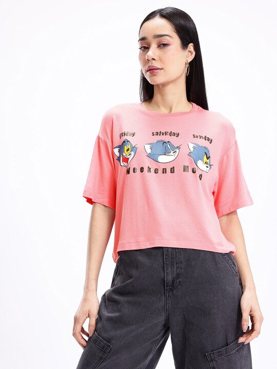 Tom & Jerry Printed Drop-Shoulder Sleeves Boxy Crop T-shirt