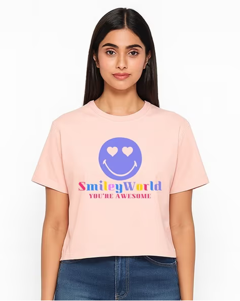 Smiley World Printed Boxy Fit Crop Top for Women