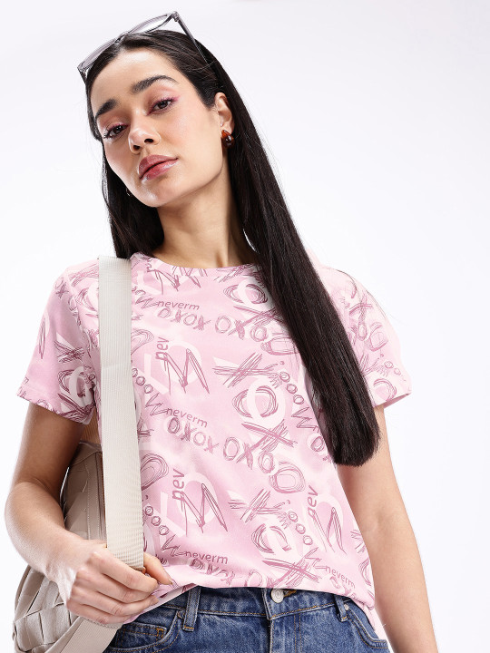 Pink Typography Printed Regular Fit T-shirt for Women