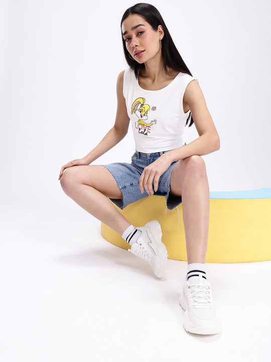 White Looney Tunes Printed Ribbed Sleeveless Crop Top for Women