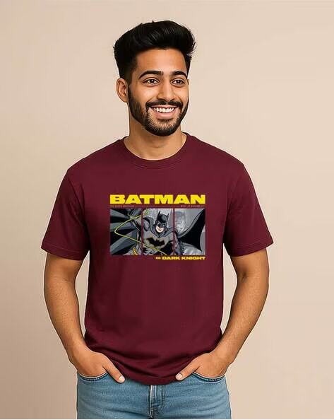 Maroon Batman Printed Regular Fit Crew-Neck T-shirt for Men