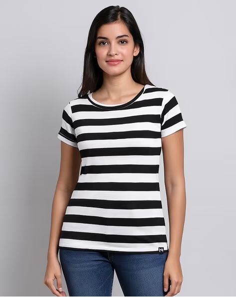 Women’s Comfortable Striped Cotton Tee – Regular Fit, Round Neck Style