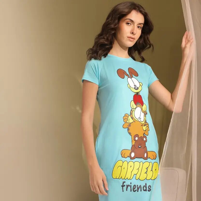 Women Light Blue Garfield Print Casual A-Line Dress