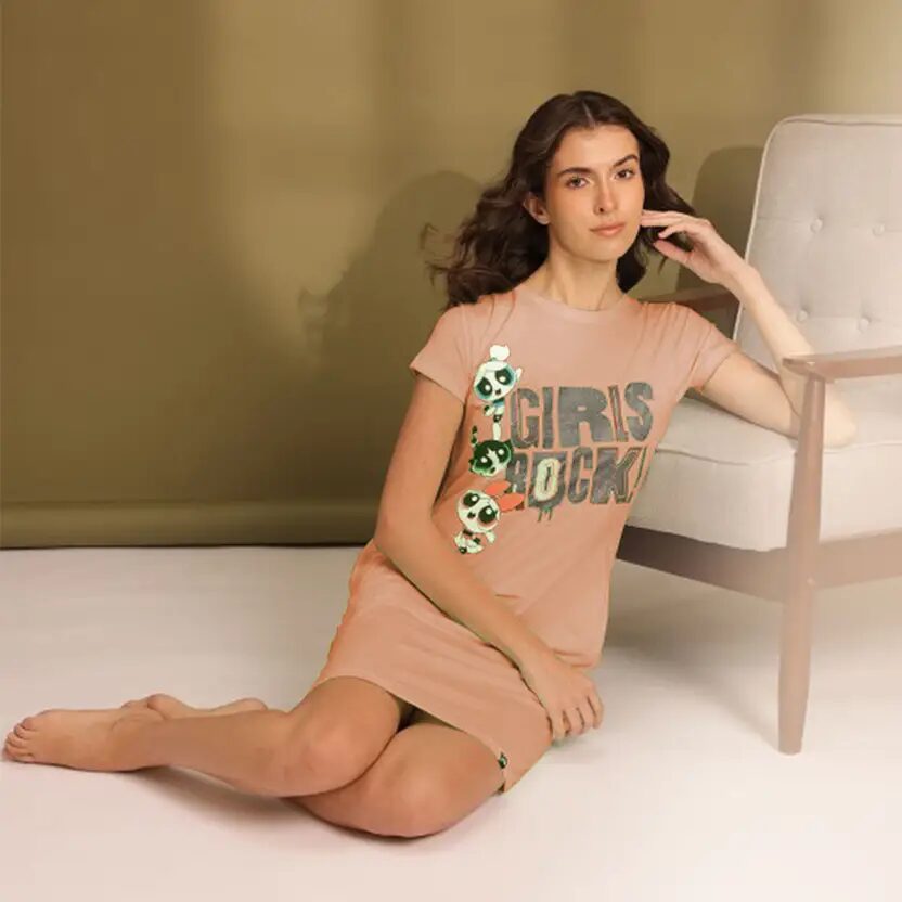 Powerpuff Girls Printed Peach A-Line Frock for Women | Casual Above-Knee Cotton Dress