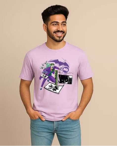 Lavender Batman Printed Regular Fit Crew-Neck T-shirt for Men