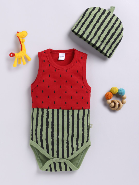 Mom’s Love Printed Pure Cotton Bodysuit With Cap For Infant Boys (Green, Pack Of 1)