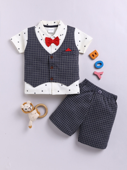Mom’s Love Checkered Pure Cotton Clothing Set For Infant Boys (Charcoal,Pack Of 1)