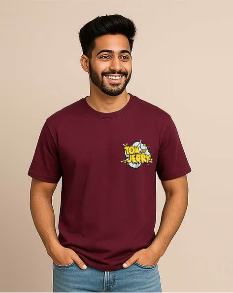 Maroon Tom and Jerry Printed Regular Fit Crew-Neck T-shirt for Men