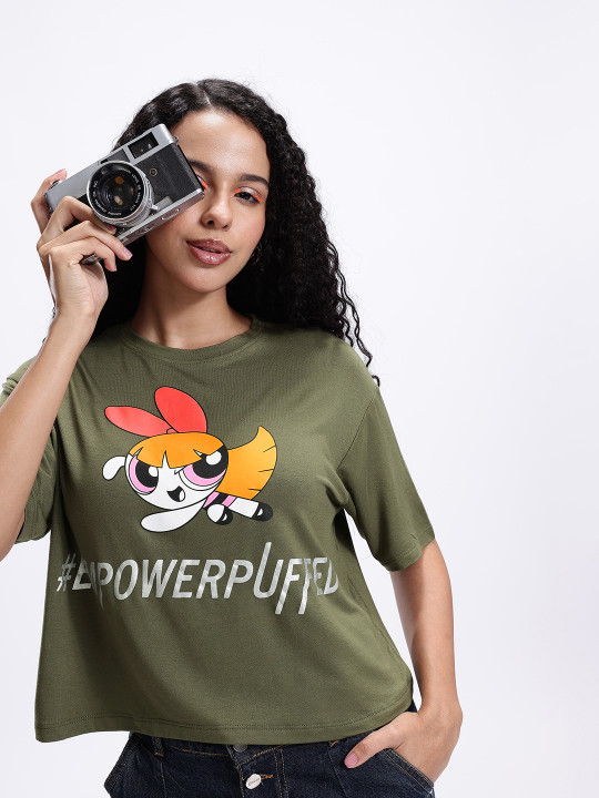 Powerpuff Girls Printed Drop-Shoulder Sleeves Boxy Crop T-shirt for Women