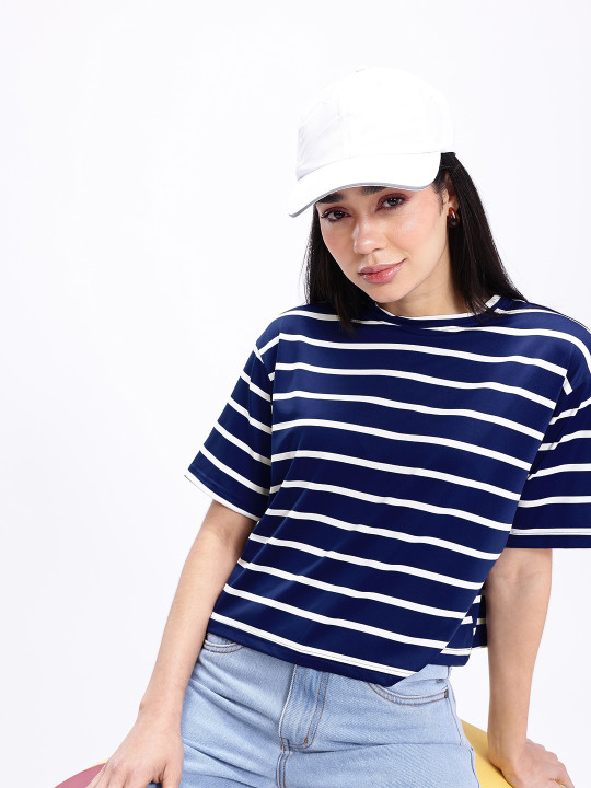 Striped Drop-Shoulder Sleeves Boxy Crop T-shirt for Women