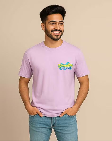 Lavender SpongeBob SquarePants Printed Regular Fit Crew-Neck T-shirt for Men