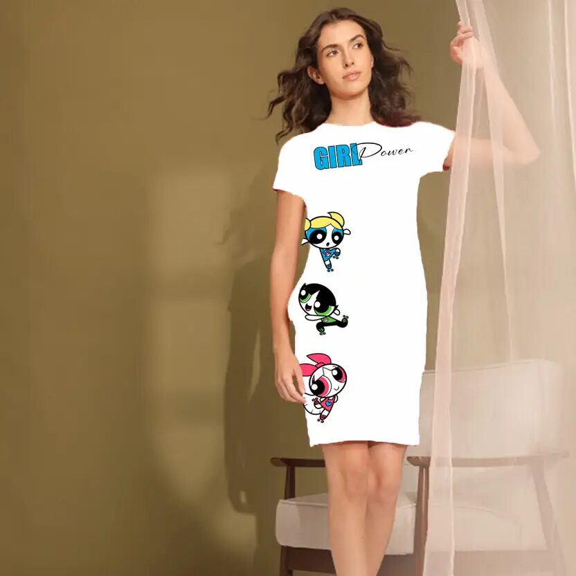Powerpuff Girls Printed White A-Line Frock for Women | Casual Above-Knee Cotton Dress
