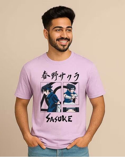 Lavender Sasuke Printed Regular Fit Crew-Neck T-shirt for Men