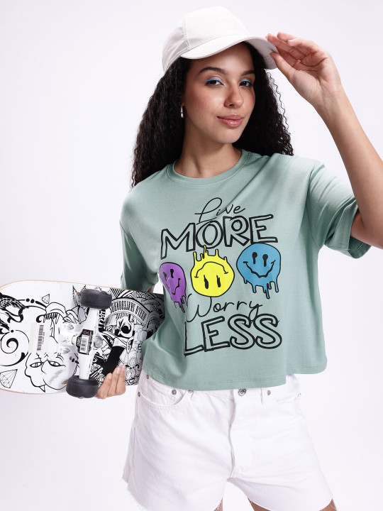 Boxy Fit Smiley World Printed Crop T-shirt for Women