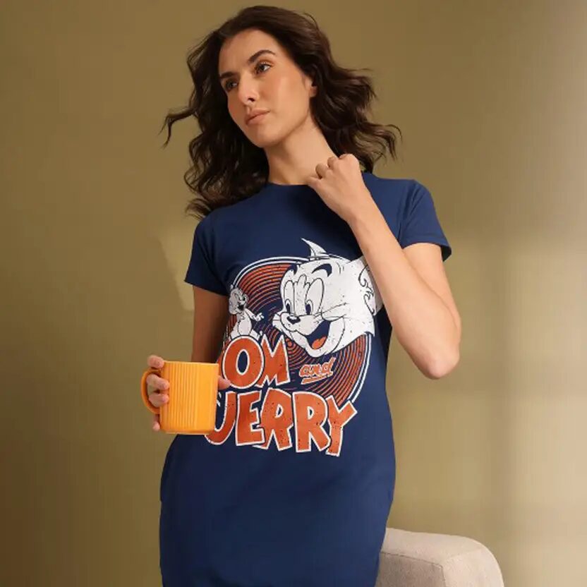 Women Tom & Jerry Printed A-Line Dress – Blue, Above Knee Length, Half Sleeves, Round Neck