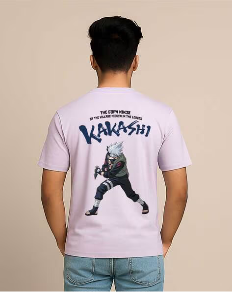 Lavender Kakashi Printed Regular Fit Crew-Neck T-shirt for Men