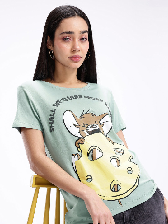 Tom & Jerry Printed Drop-Shoulder Sleeves Relaxed Fit T-shirt for Women